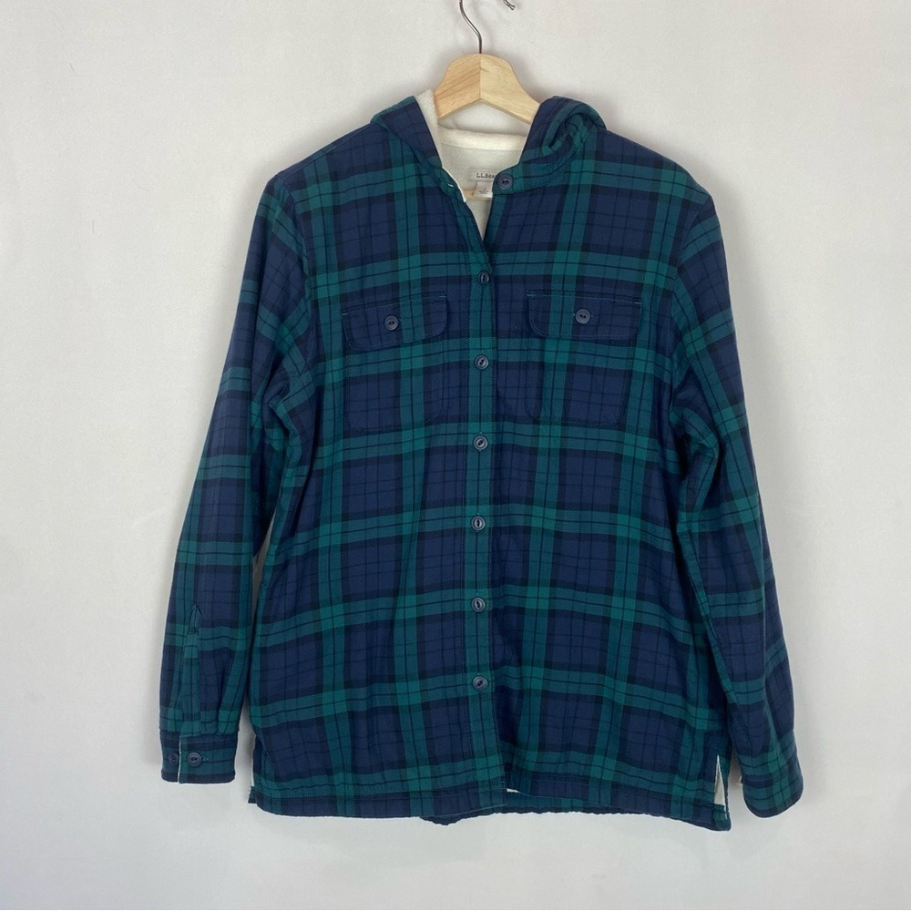 L.L. Bean Scotch Plaid Fleece-Lined Flannel Hoodie Button‎ Up Shacket